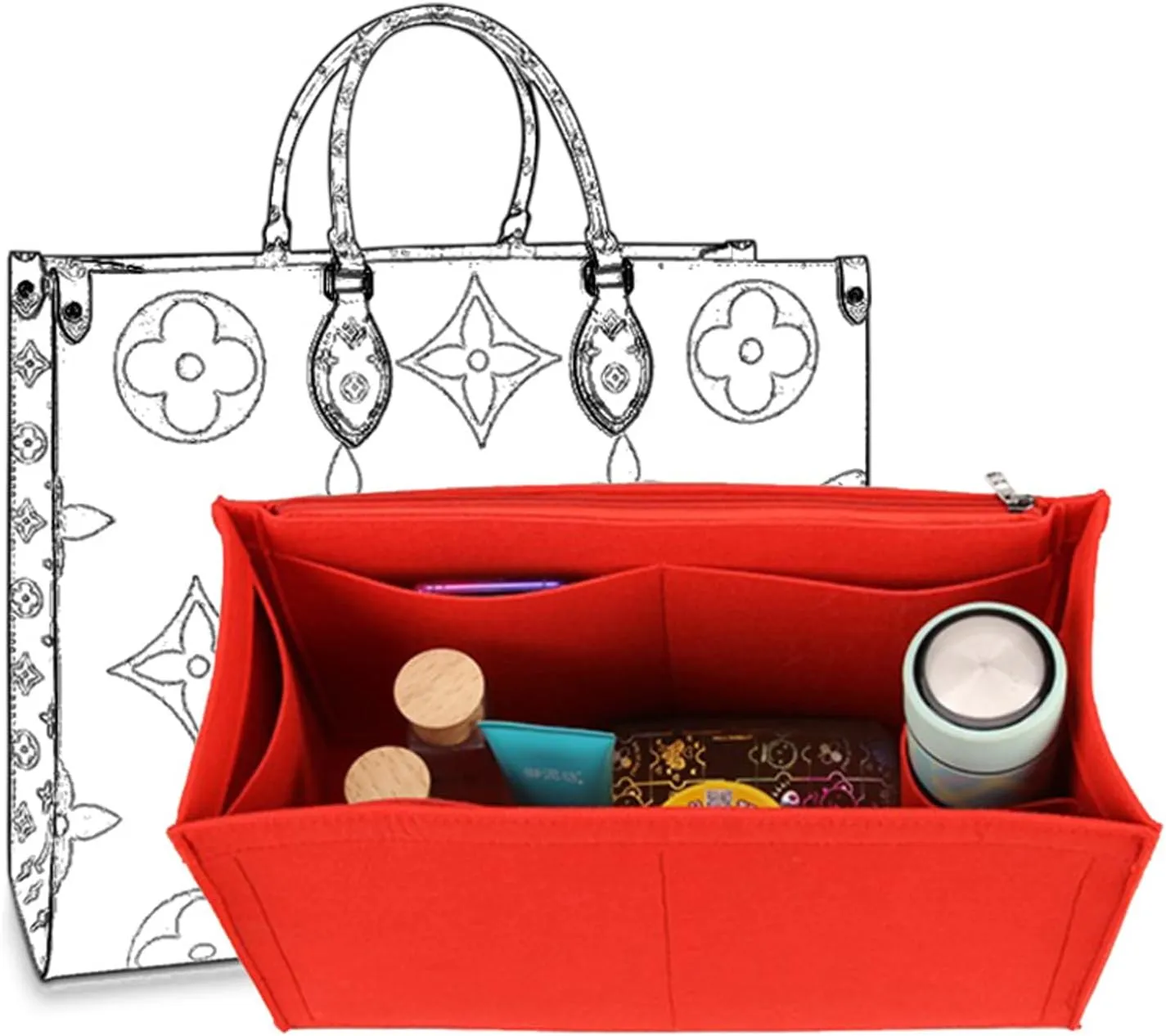 Bag Purse Organizer With Zipper, Tote Organizer Insert For LV ONTHEGO (L,(14.5x6.7x7.8),Red)