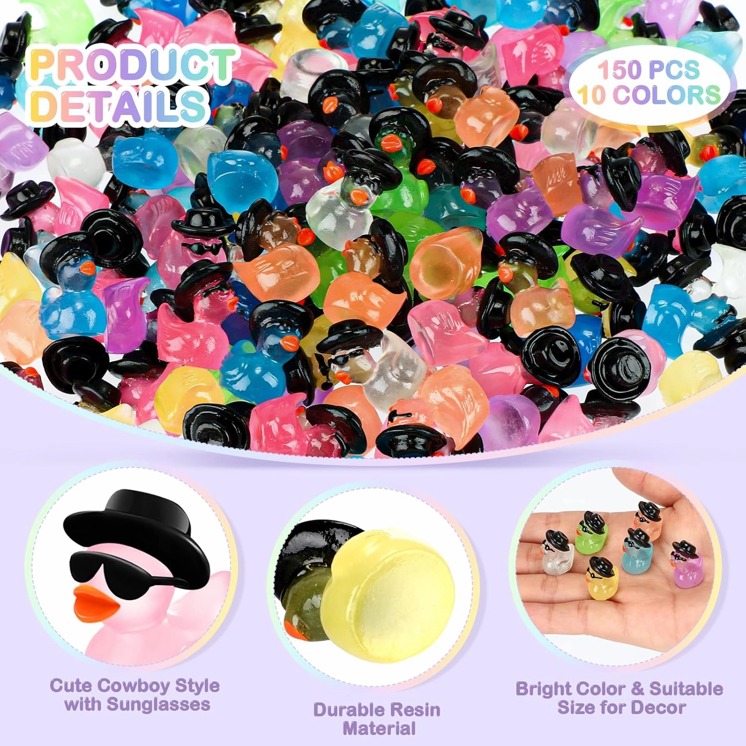 Barydat 300 Pcs Mini Resin Ducks Bulk Glow in The Dark Colorful Tiny Cowboy Duck to Hide Miniature Dollhouse Ornament for Summer Birthday Micro Fairy Landscape Aquarium DIY Craft Cake