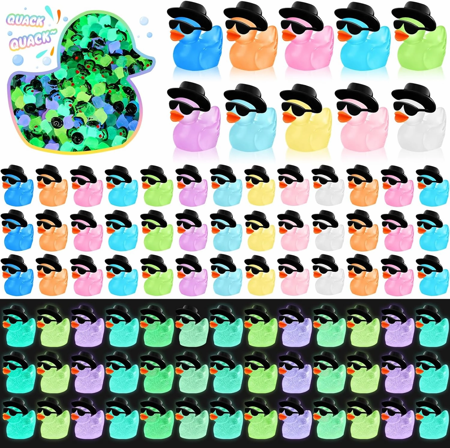 Barydat 300 Pcs Mini Resin Ducks Bulk Glow in The Dark Colorful Tiny Cowboy Duck to Hide Miniature Dollhouse Ornament for Summer Birthday Micro Fairy Landscape Aquarium DIY Craft Cake