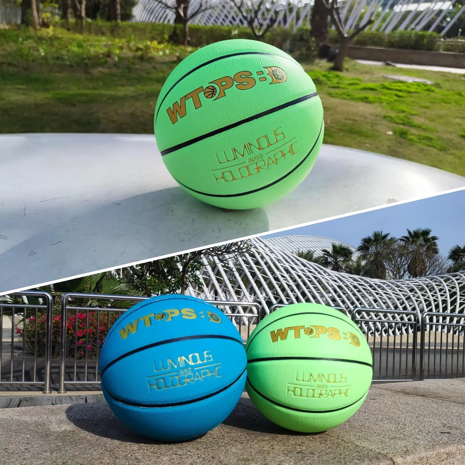 Basketball Glow in The Dark, Luminous Glowing Leather Basketball Green with Pump and Bag Indoor Outdoor PU Leather Basketballs Size 5/6/ 7