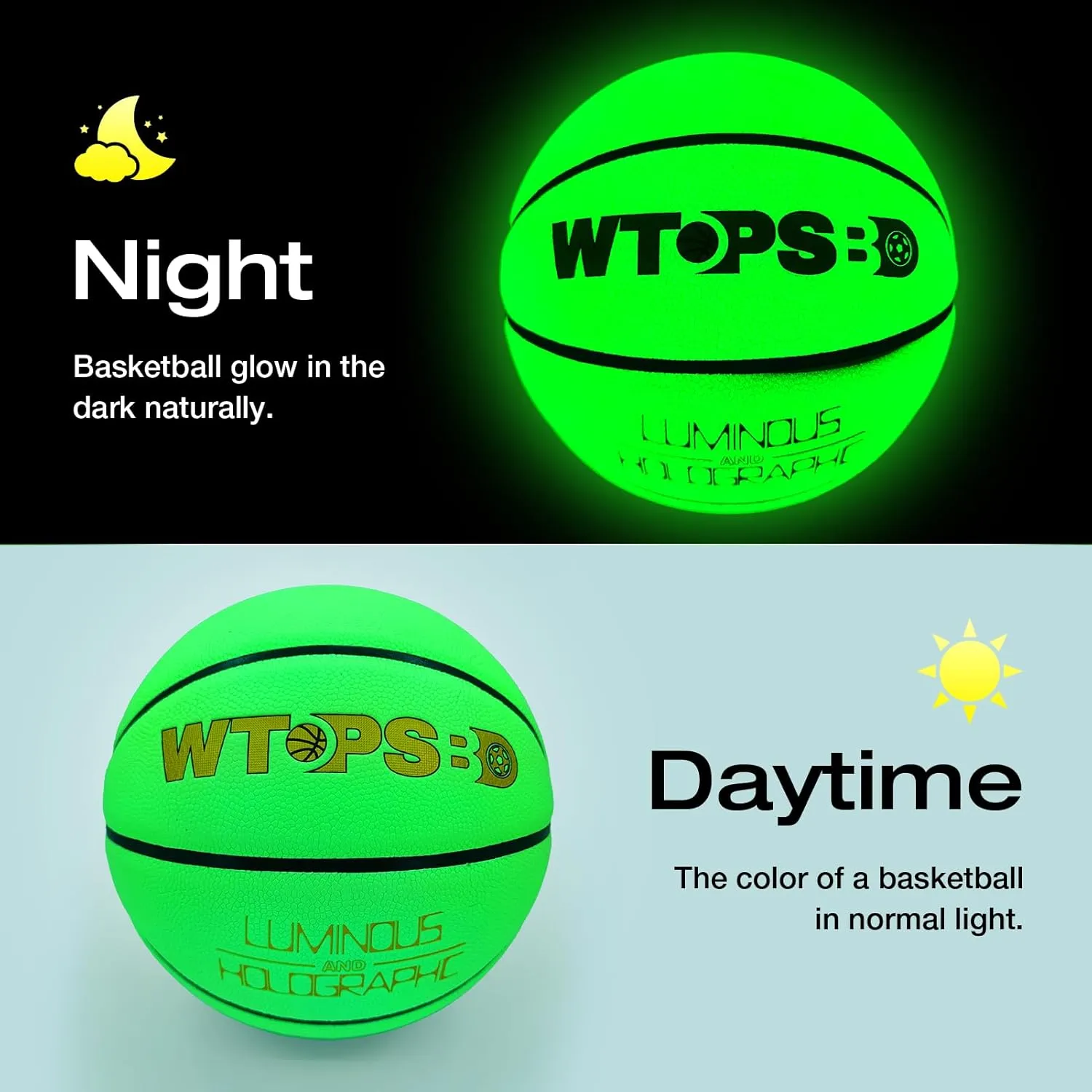 Basketball Glow in The Dark, Luminous Glowing Leather Basketball Green with Pump and Bag Indoor Outdoor PU Leather Basketballs Size 5/6/ 7