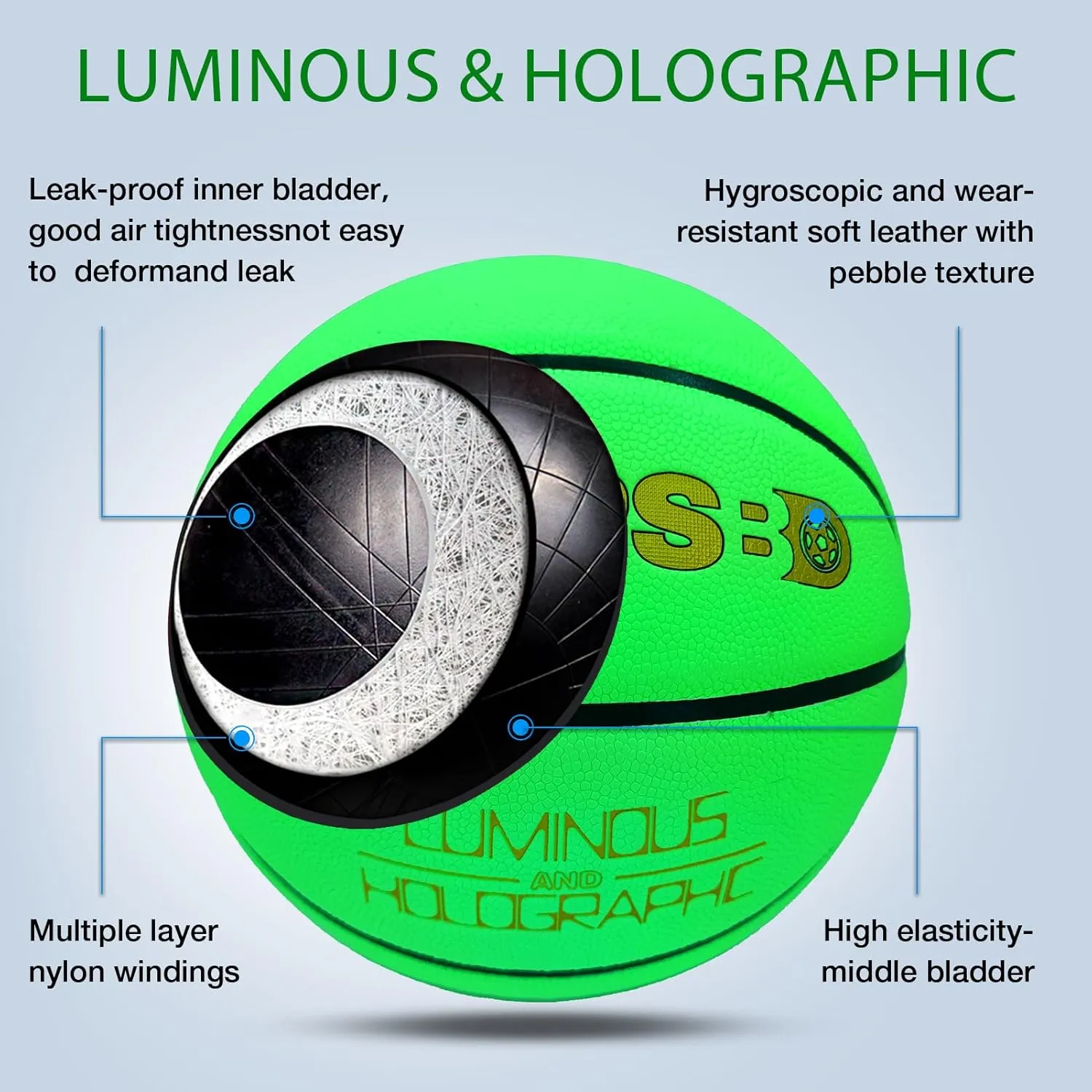 Basketball Glow in The Dark, Luminous Glowing Leather Basketball Green with Pump and Bag Indoor Outdoor PU Leather Basketballs Size 5/6/ 7