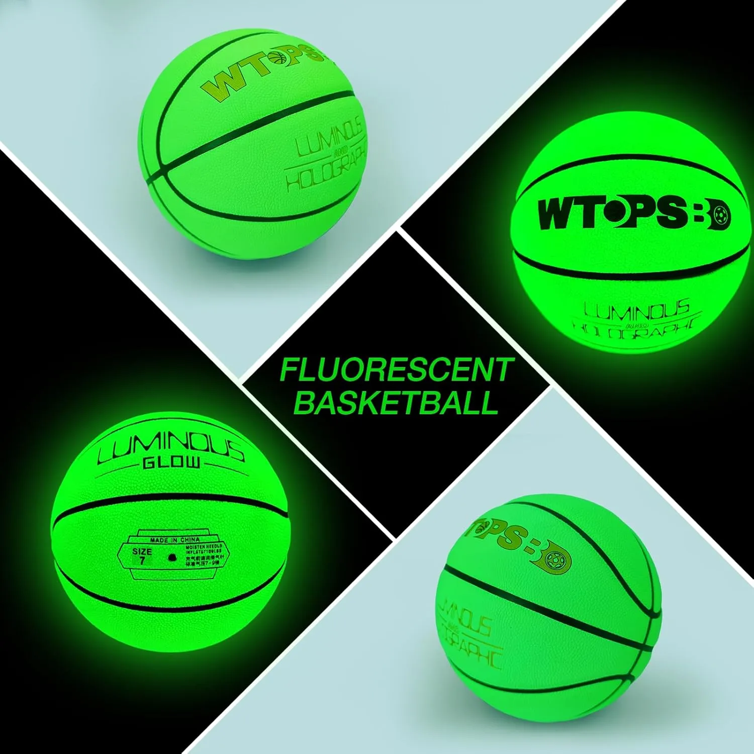 Basketball Glow in The Dark, Luminous Glowing Leather Basketball Green with Pump and Bag Indoor Outdoor PU Leather Basketballs Size 5/6/ 7