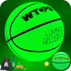 Basketball Glow in The Dark, Luminous Glowing Leather Basketball Green with Pump and Bag Indoor Outdoor PU Leather Basketballs Size 5/6/ 7
