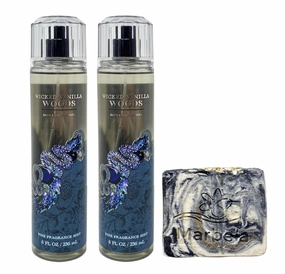 Bath & Body Works Wicked Vanilla Woods 2 Pack Fine Fragrance Mist Bundle with a Charcoal Scrub Bar Soap - Full Size