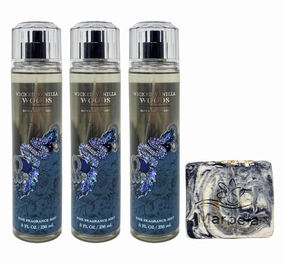 Bath & Body Works Wicked Vanilla Woods 3 Pack Fine Fragrance Mist Set with a Charcoal Scrub Bar Soap - Full Size