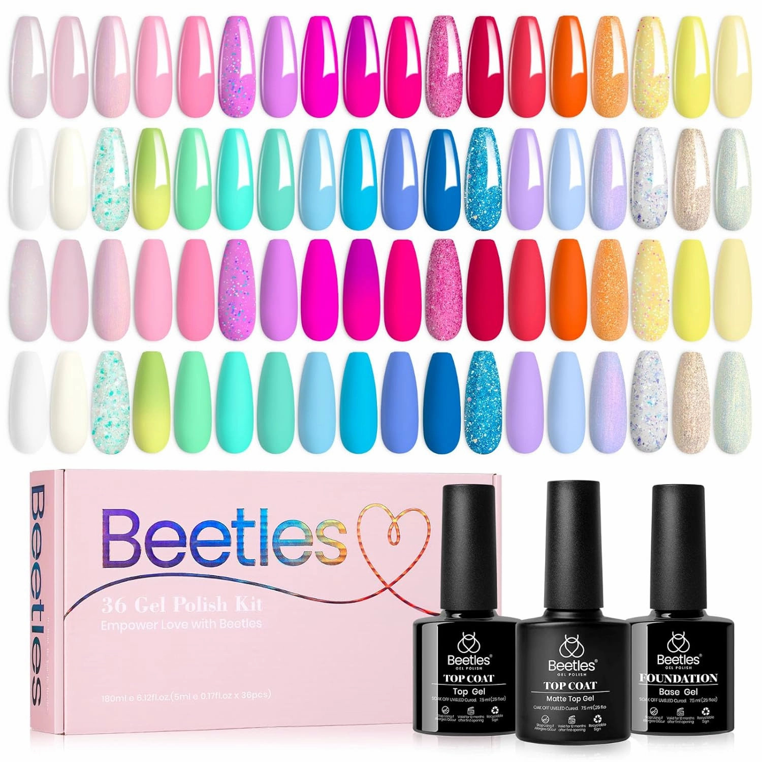 beetles Summer Gel Polish Set-39Pcs Neon Gel Nail Polish Pink Red Blue Purple Polish with Base Top Coat Soak off Uv LED Lamp Colorful Candies Manicure Kit DIY Home Gifts for Women Girls