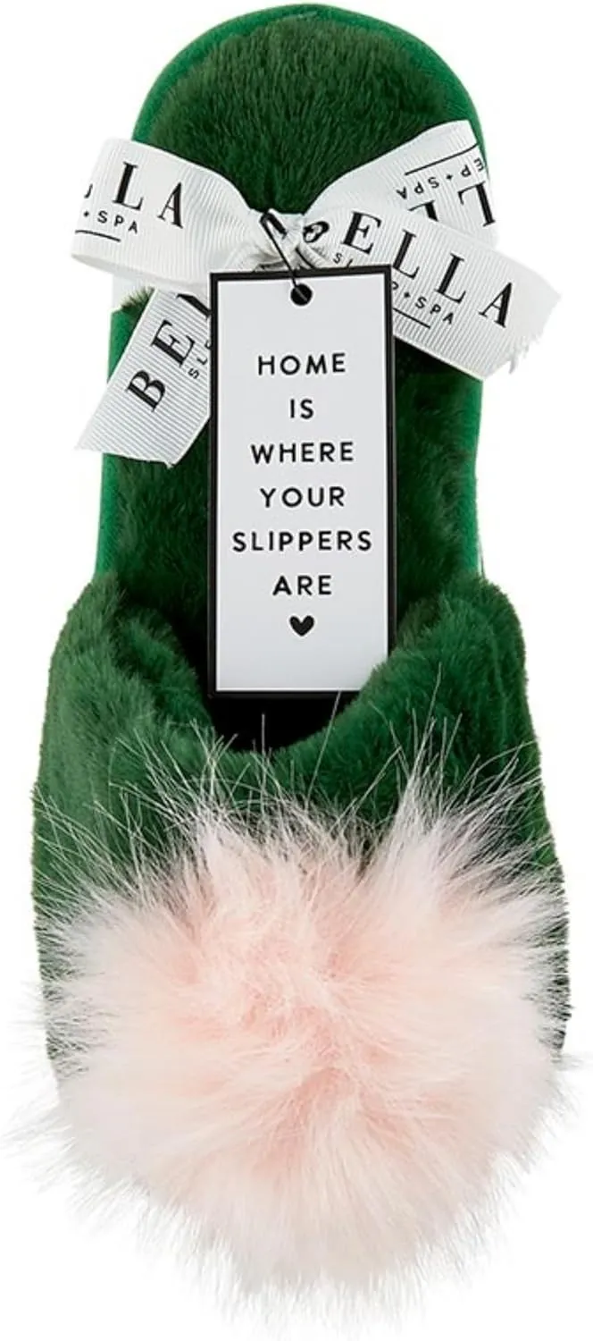 Bella Ultra Soft Plush Indoor House Slippers With Fuzzy Pom Pom, Plush Polyester Emerald Green and Pink, Small (US 5-6)