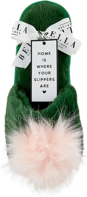 Bella Ultra Soft Plush Indoor House Slippers With Fuzzy Pom Pom, Plush Polyester Emerald Green and Pink, Small (US 5-6)