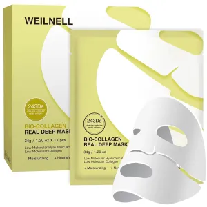 Bio-Collagen Overnight Collagen Face Mask, Deep Collagen Anti-Wrinkle Lifting Glass Glow Face Mask for Moisturizing, Firming, Glowing Skin Care, Bio Collagen Sheet Mask for All Skin Types, 17 Packs
