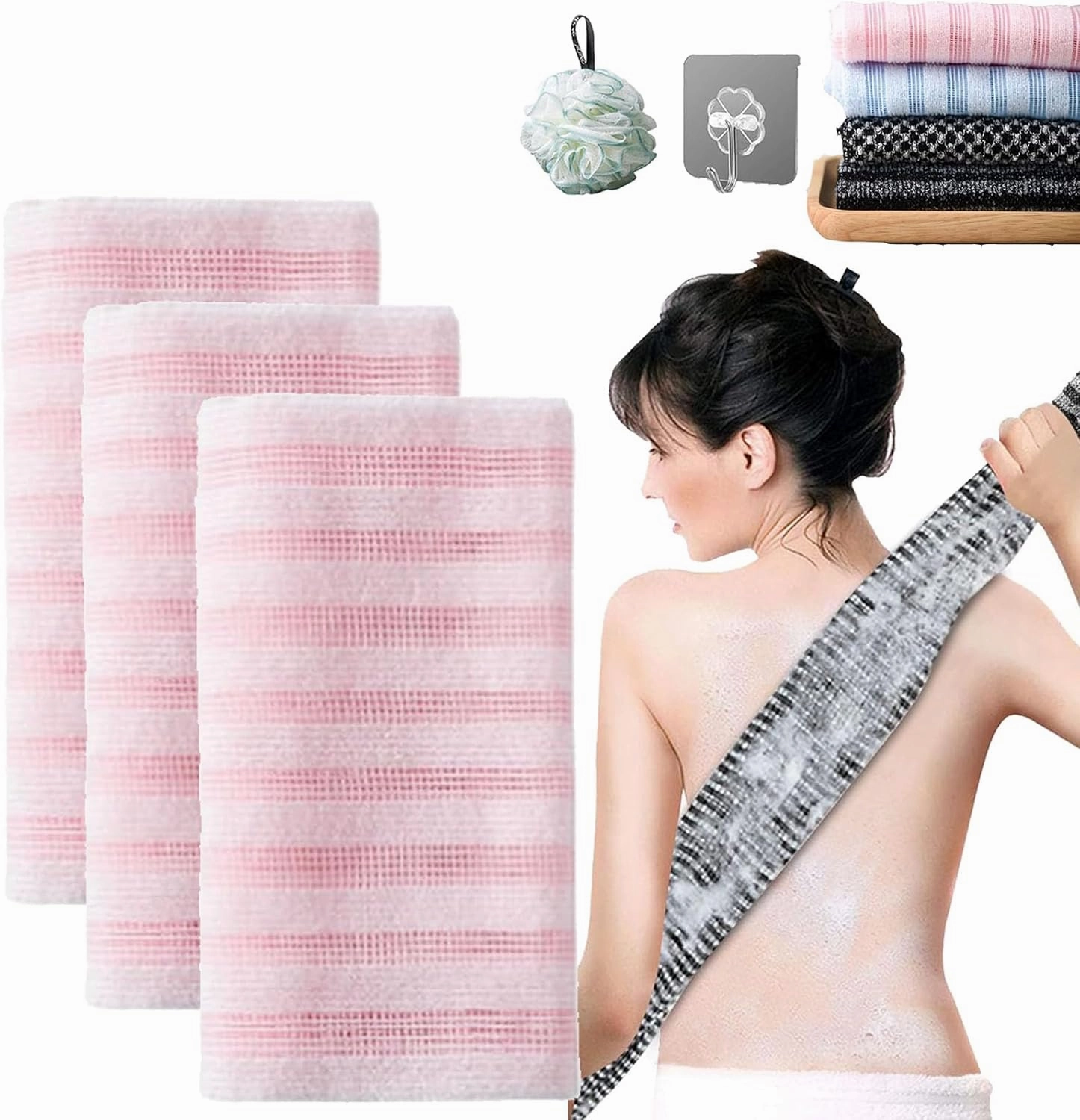 Blissal - Blissal Exfoliating Shower Towel, Blissal Scrub Cloth, Blissal Exfoliating Towel for Men and Women, Travel Friendly and Quick Drying (3pcs Pink)