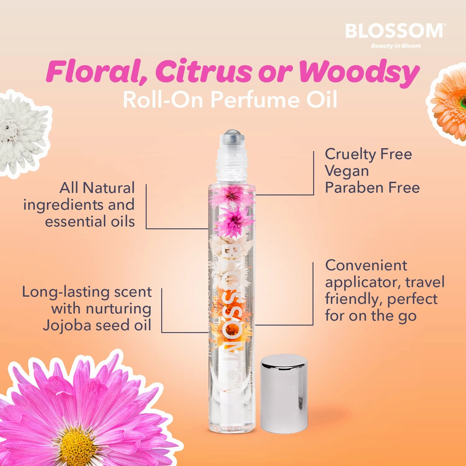 Blossom Roll on Rollerball Perfume Oil with Natural Ingredients, Essential Oils & Eau De Parfum Plant Based Perfume Spray, Infused with Real Flowers, 2 Pack Bundle, Rose/Grandiflora