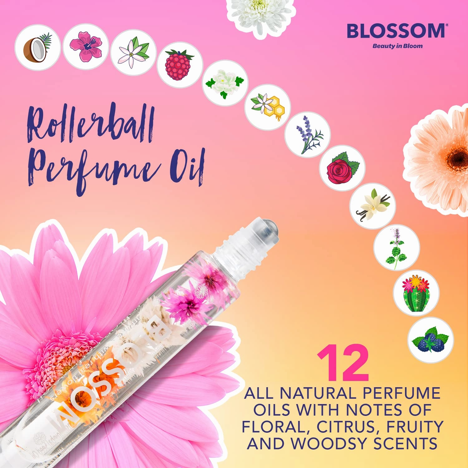 Blossom Roll on Rollerball Perfume Oil with Natural Ingredients, Essential Oils & Eau De Parfum Plant Based Perfume Spray, Infused with Real Flowers, 2 Pack Bundle, Rose/Grandiflora
