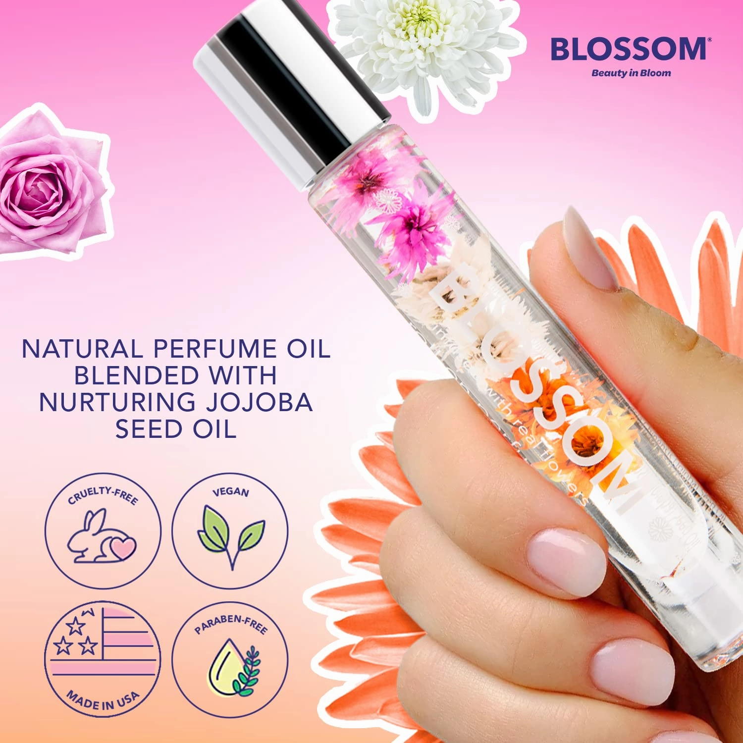 Blossom Roll on Rollerball Perfume Oil with Natural Ingredients, Essential Oils & Eau De Parfum Plant Based Perfume Spray, Infused with Real Flowers, 2 Pack Bundle, Rose/Grandiflora