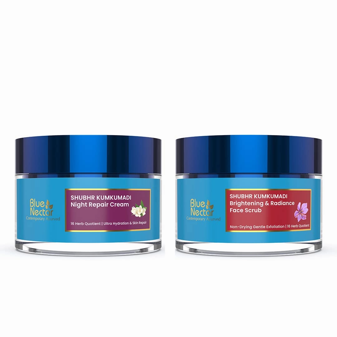 Blue Nectar Kumkumadi Radiance Combo: Tan Removal Face Scrub (1.7 Oz) with Almond Oil & Jasmine Infused NightMoisturizer for Glowing Skin(1.7 Oz)