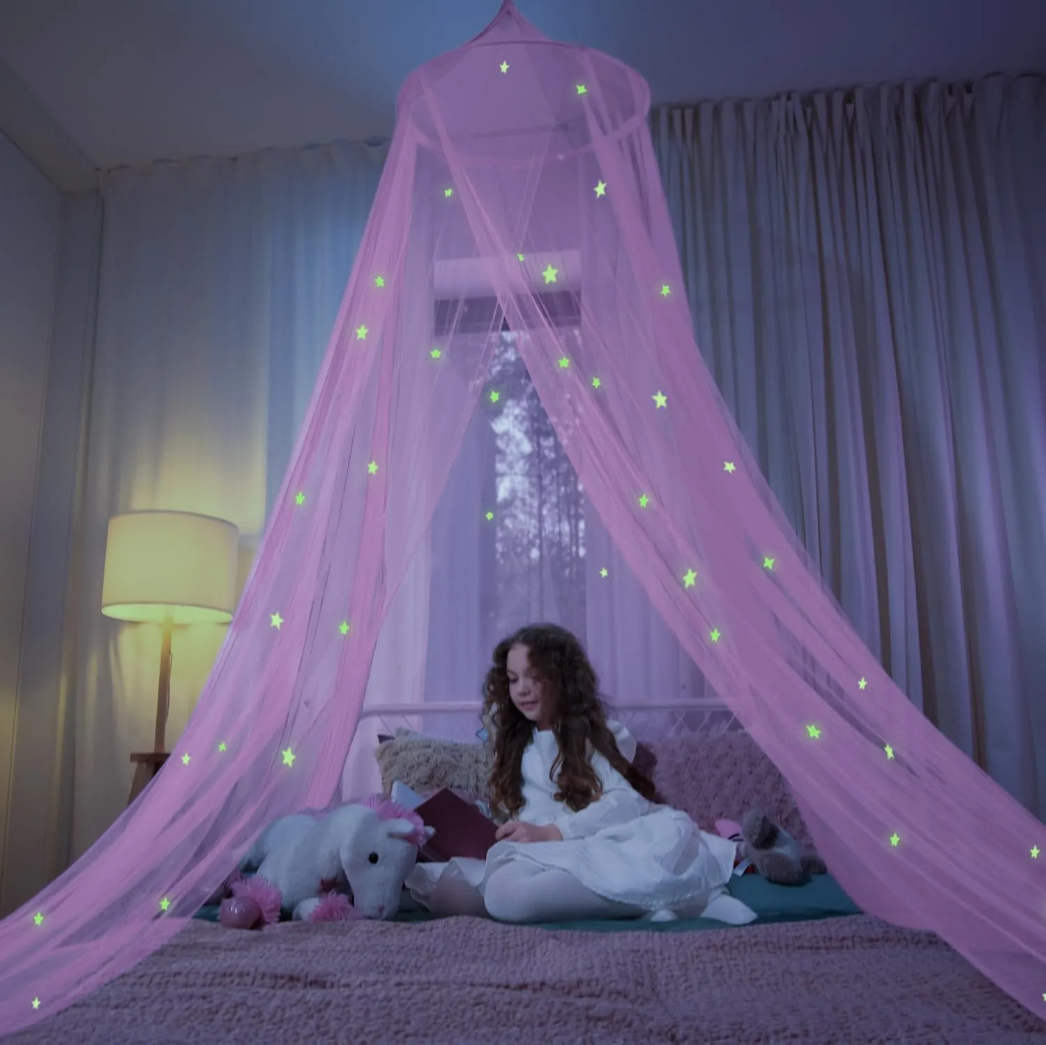 Bollepo Pink Bed Canopy for Girls with Glowing Stars - Canopy Bed Curtains | Fits Single, Twin, Full, Queen Size Kids Bed, Princess Netting Room Decor, Ceiling Tent to Cover Toddler, Canopy for Bed