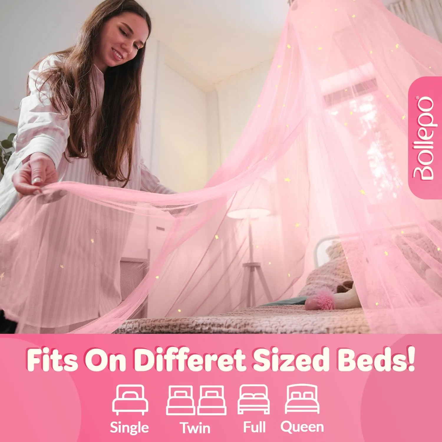 Bollepo Pink Bed Canopy for Girls with Glowing Stars - Canopy Bed Curtains | Fits Single, Twin, Full, Queen Size Kids Bed, Princess Netting Room Decor, Ceiling Tent to Cover Toddler, Canopy for Bed