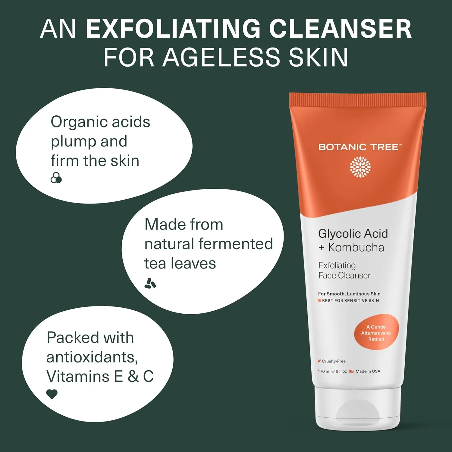 Botanic Tree Kombucha & Glycolic Acid exfoliating face wash for Aging skin - Kombucha Lipofilling effects and skin healthy probiotics and antioxidants