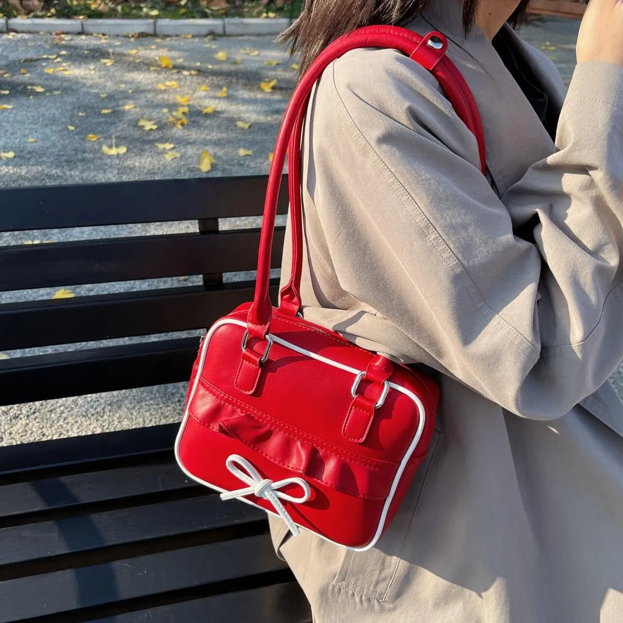 Bow Square Shoulder Bag for Women Y2K Trendy Vegan Leather Tote Handbag Underarm Bag Red Purse