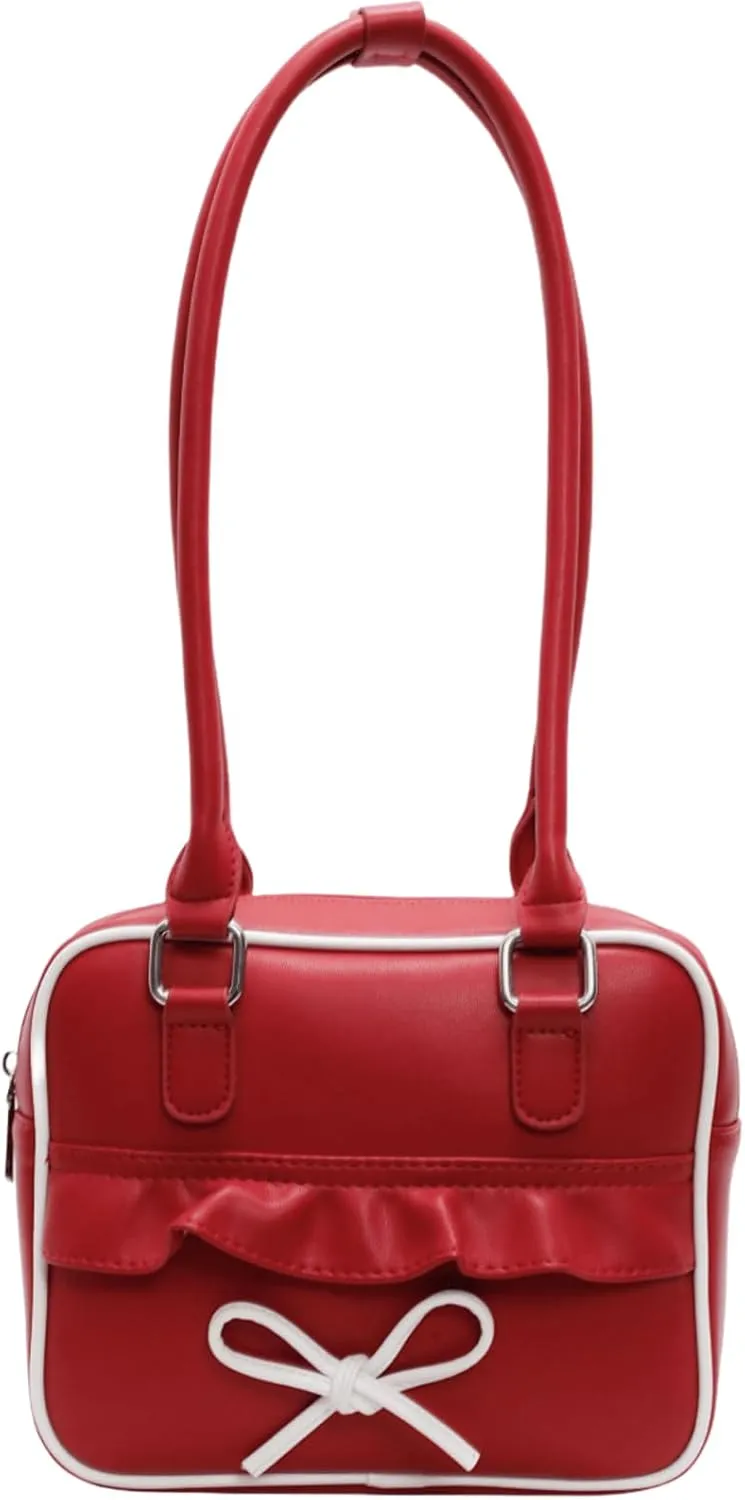 Bow Square Shoulder Bag for Women Y2K Trendy Vegan Leather Tote Handbag Underarm Bag Red Purse