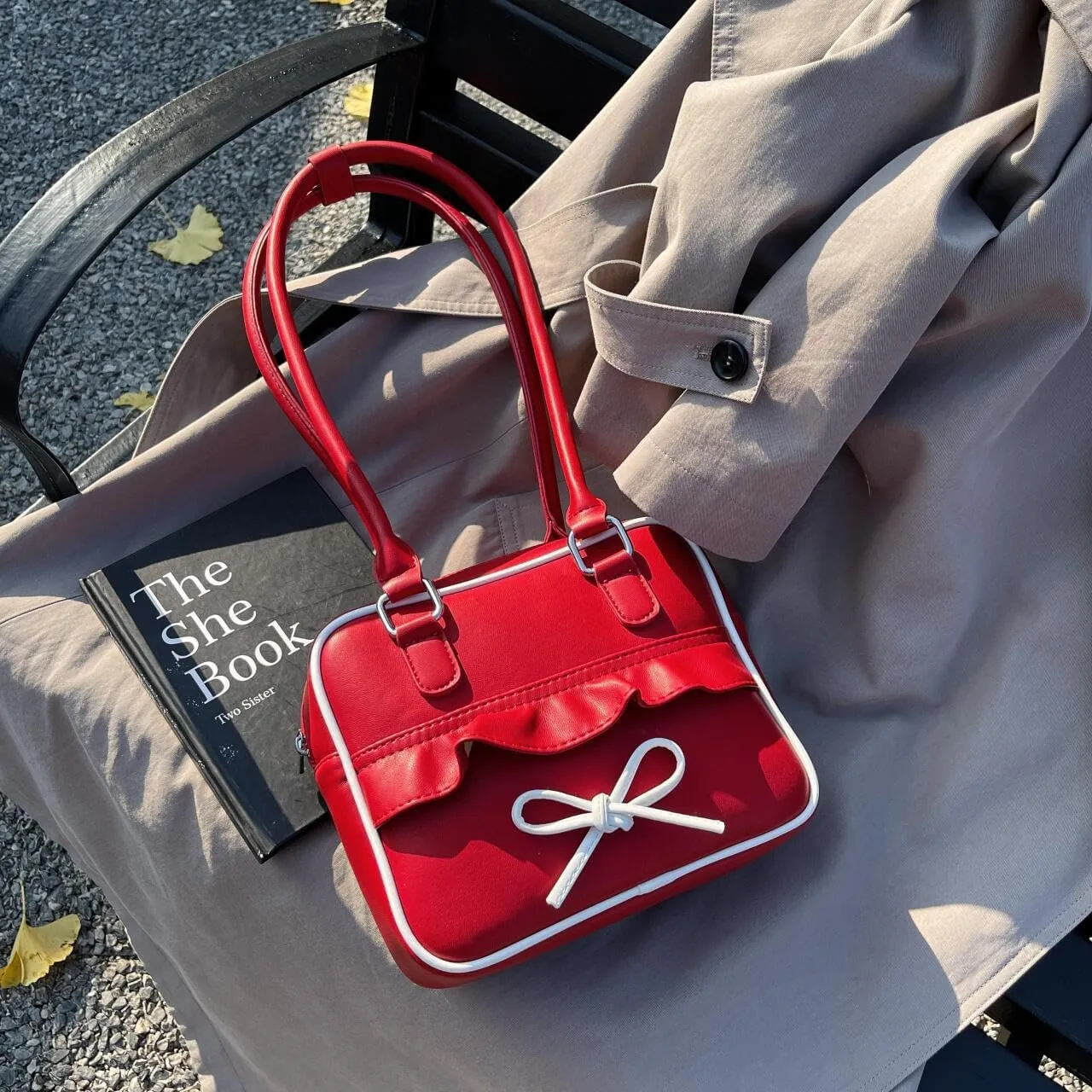 Bow Square Shoulder Bag for Women Y2K Trendy Vegan Leather Tote Handbag Underarm Bag Red Purse