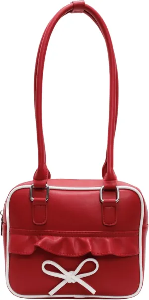 Bow Square Shoulder Bag for Women Y2K Trendy Vegan Leather Tote Handbag Underarm Bag Red Purse