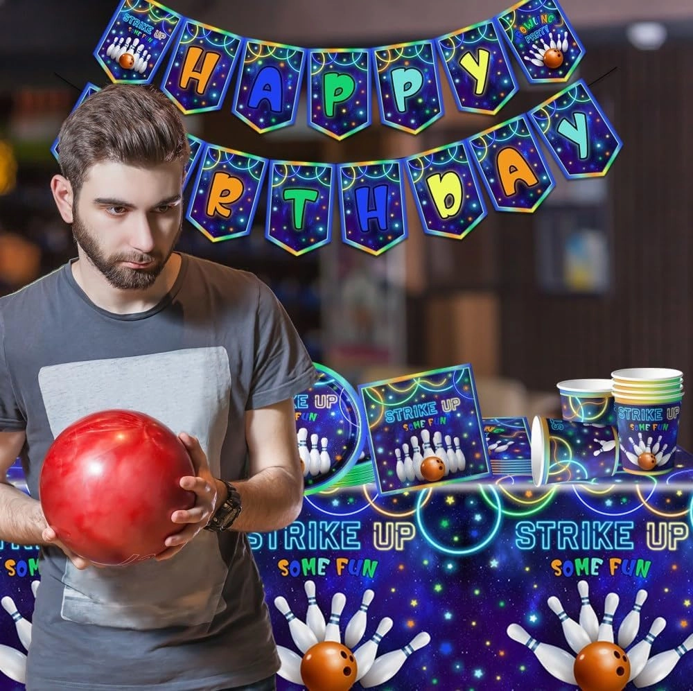 Bowling Birthday Party Supplies,142Pcs Strike Up Some Fun Bowling Theme Tableware Paper Plates,Napkin,Tablecloth Bowling Party for 20 Guests,Girl Boys Bowling Party Favors