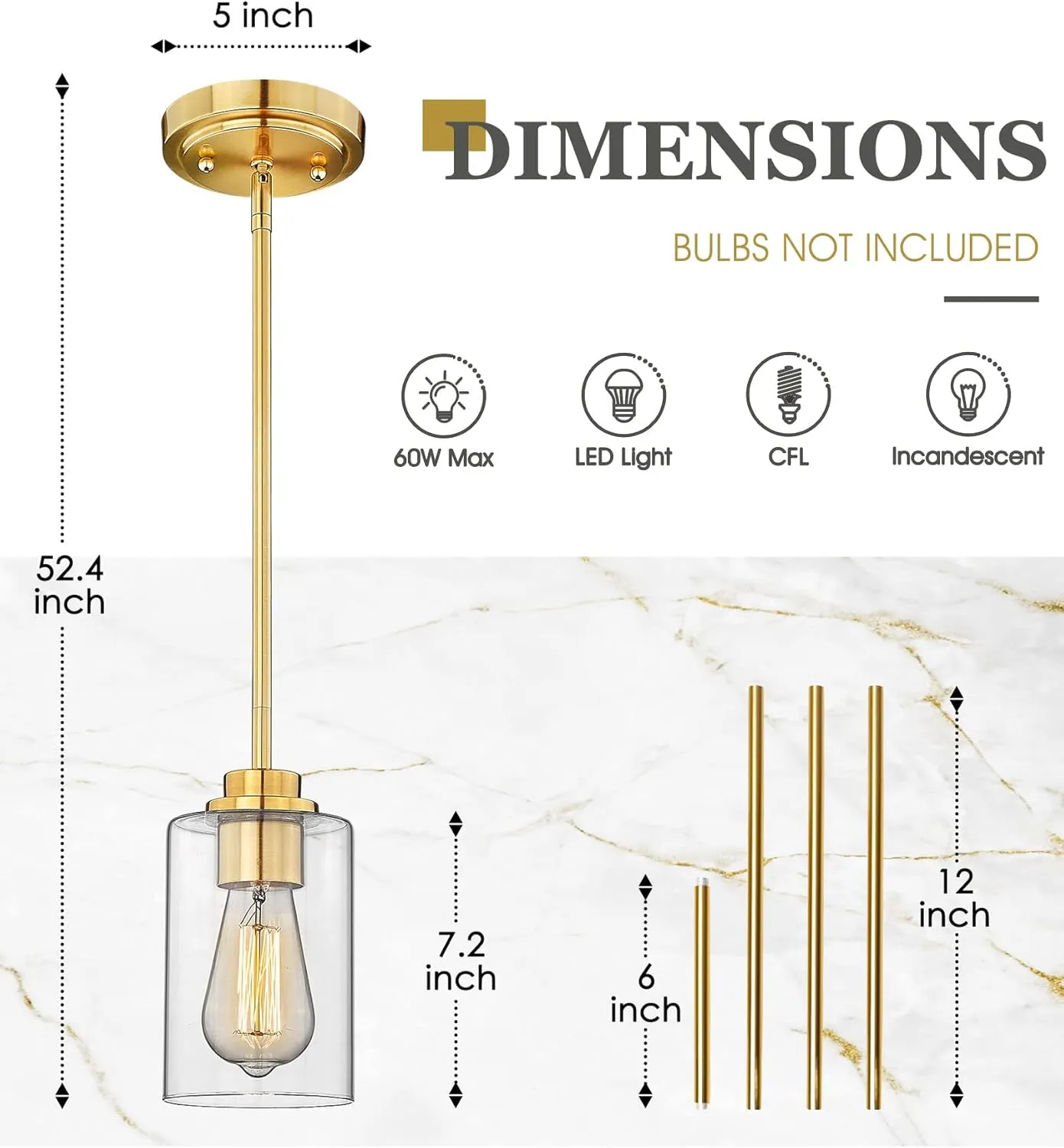Brass Pendant Lights Kitchen Island 2 Pack, Farmhouse Gold Pendant Lighting with Clear Glass Shade, Mini Hanging Light Fixture for Kitchen Sink Dining, AD-22281-1P2-GD-C