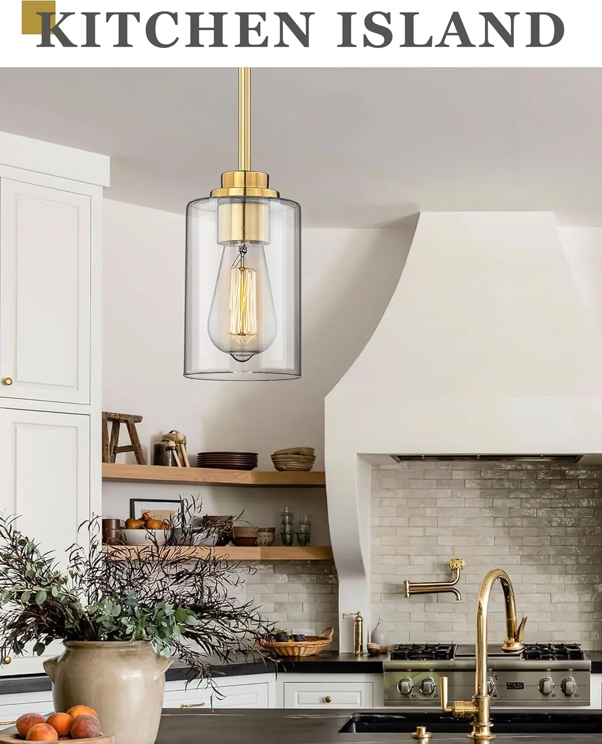 Brass Pendant Lights Kitchen Island 2 Pack, Farmhouse Gold Pendant Lighting with Clear Glass Shade, Mini Hanging Light Fixture for Kitchen Sink Dining, AD-22281-1P2-GD-C
