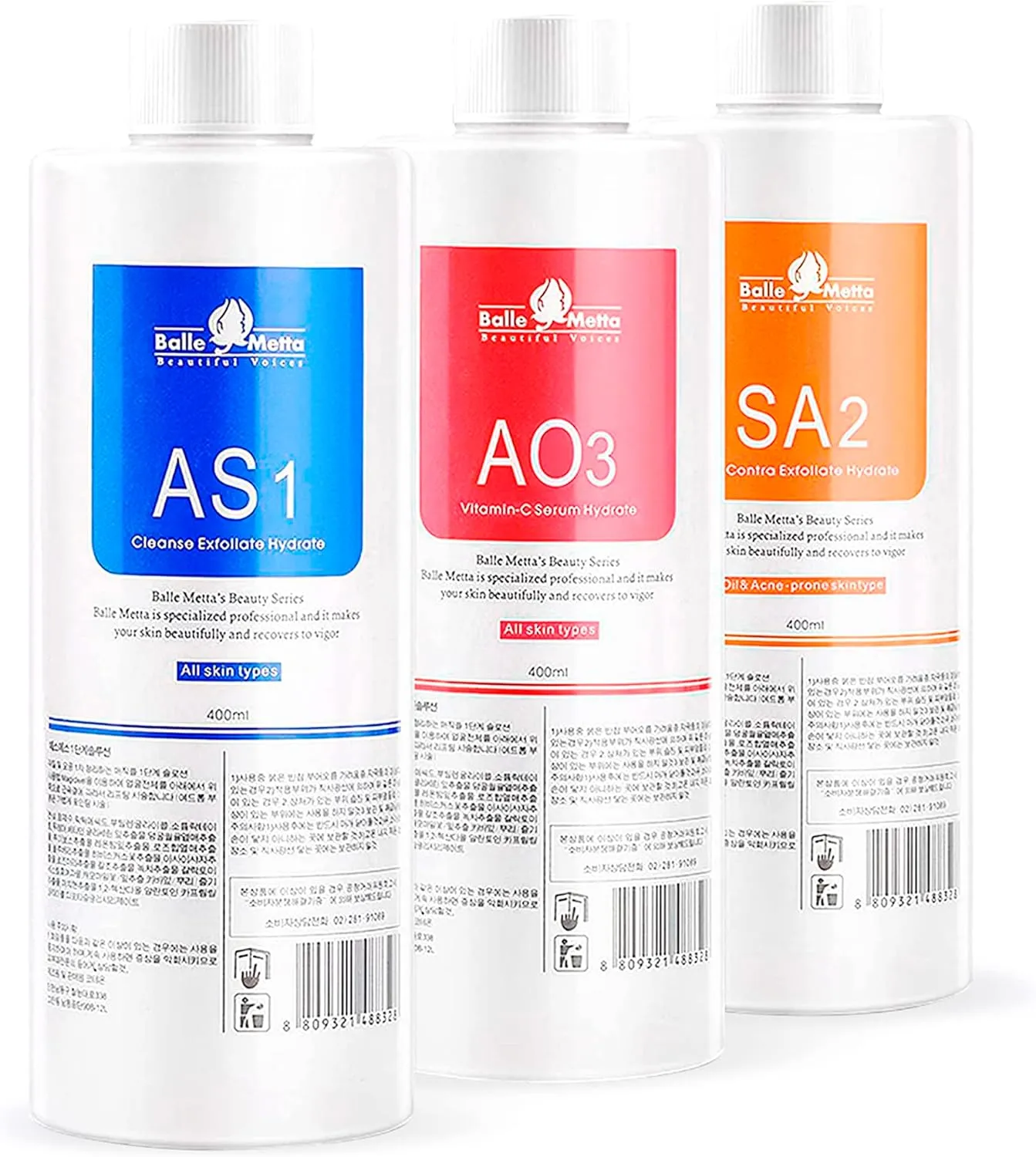 BRÜUN Hydrogen Oxygen Facial Machine Serums for Facial Cleansing – A Pack of 400ml 3 Aqua Peeling Solution AS1, SA2, and AO3 –Skin Care Hydra Solution for Vacuum face Cleaning Jet for Home and Spa