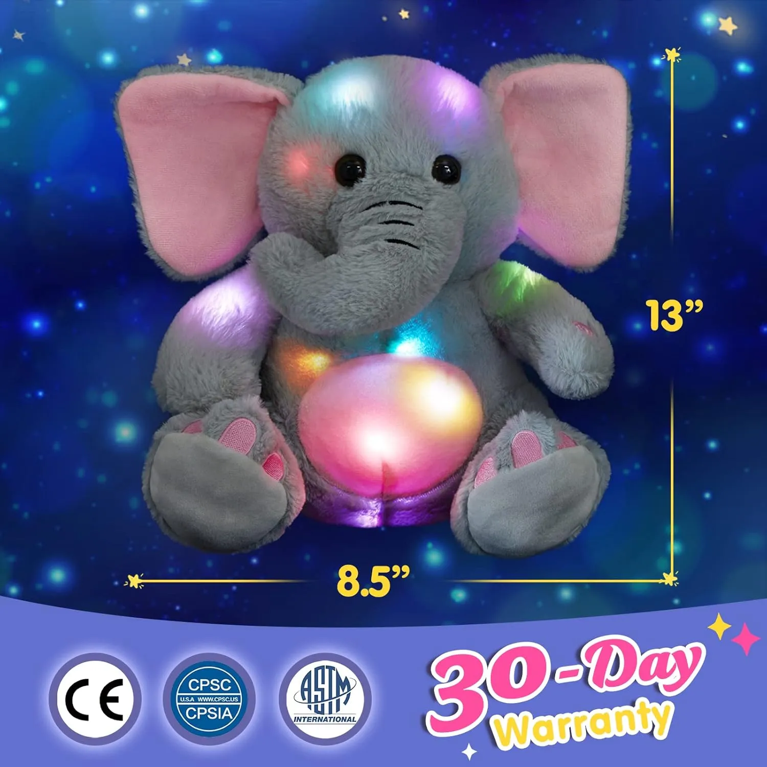 BSTAOFY 13'' Light up Elephant Stuffed Animals Glow LED Elephant Soft Plush Toys Night Light Companion Birthday Christmas for Kids Boys Girls