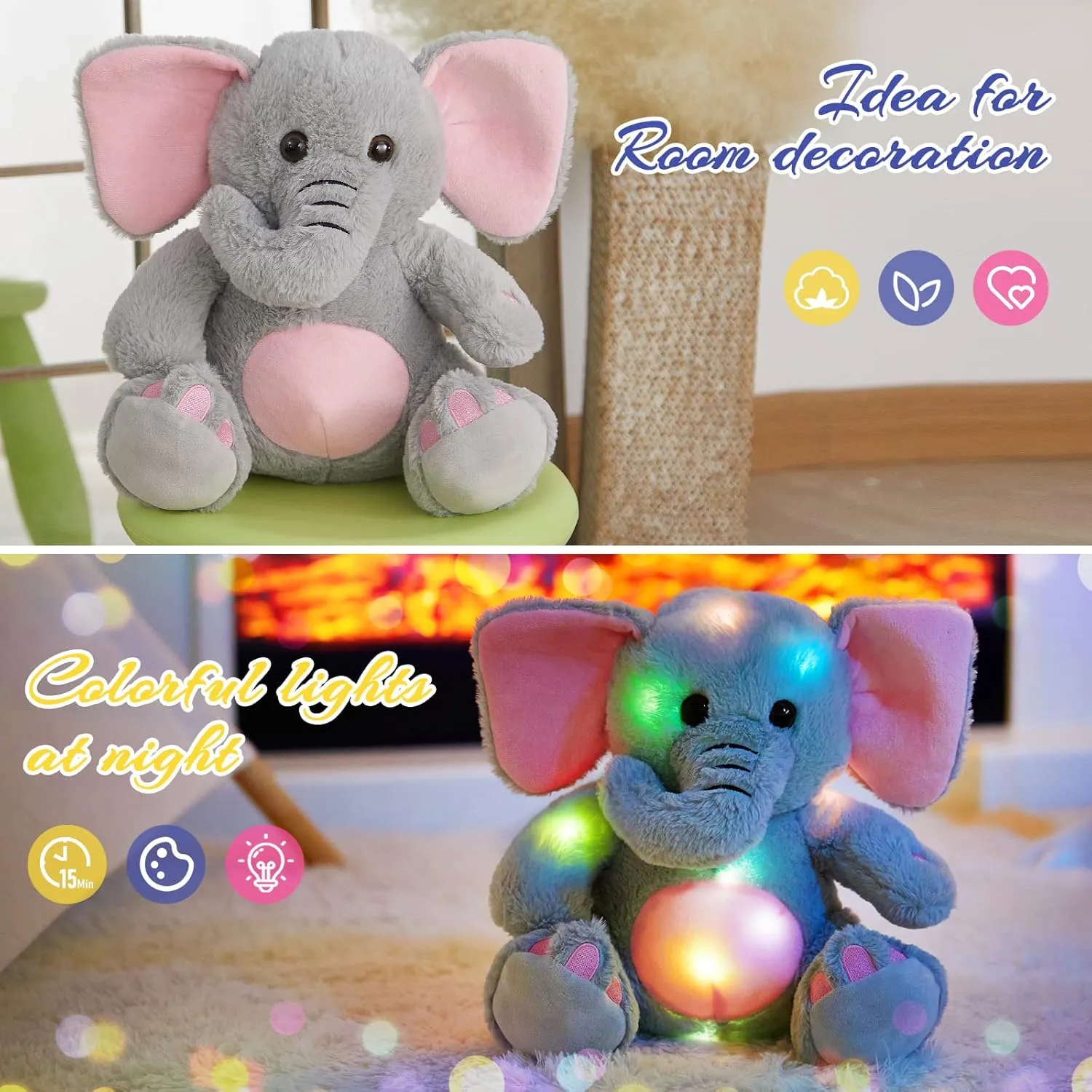 BSTAOFY 13'' Light up Elephant Stuffed Animals Glow LED Elephant Soft Plush Toys Night Light Companion Birthday Christmas for Kids Boys Girls