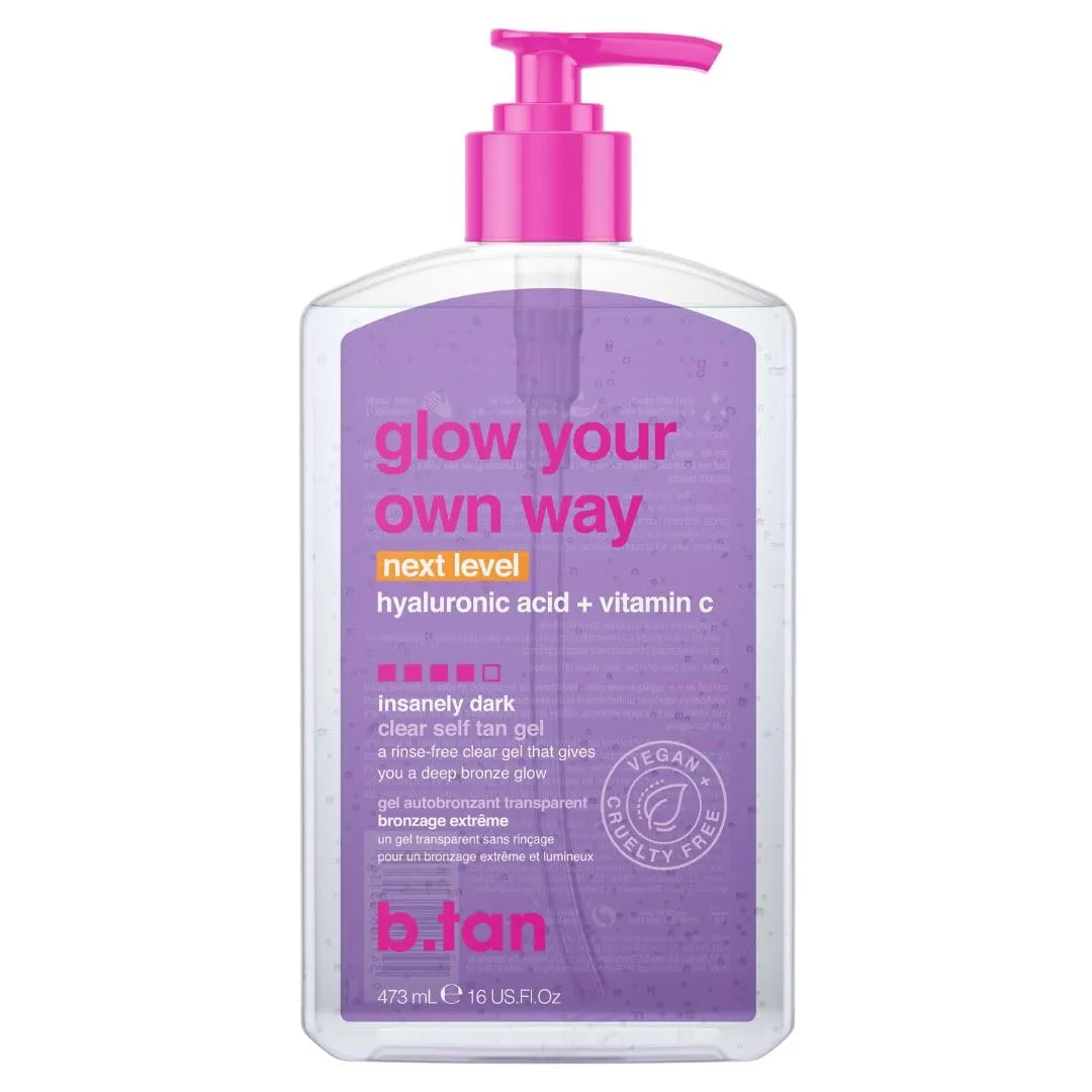 b.tan Insanely Dark Clear Self Tan Gel | Glow Your Own Way Next Level - Best, Transfer-Resistant Sunless Tanning Lotion, Ultra Quick Bronze, No Fake Tanner Smell, 16 Fl Oz