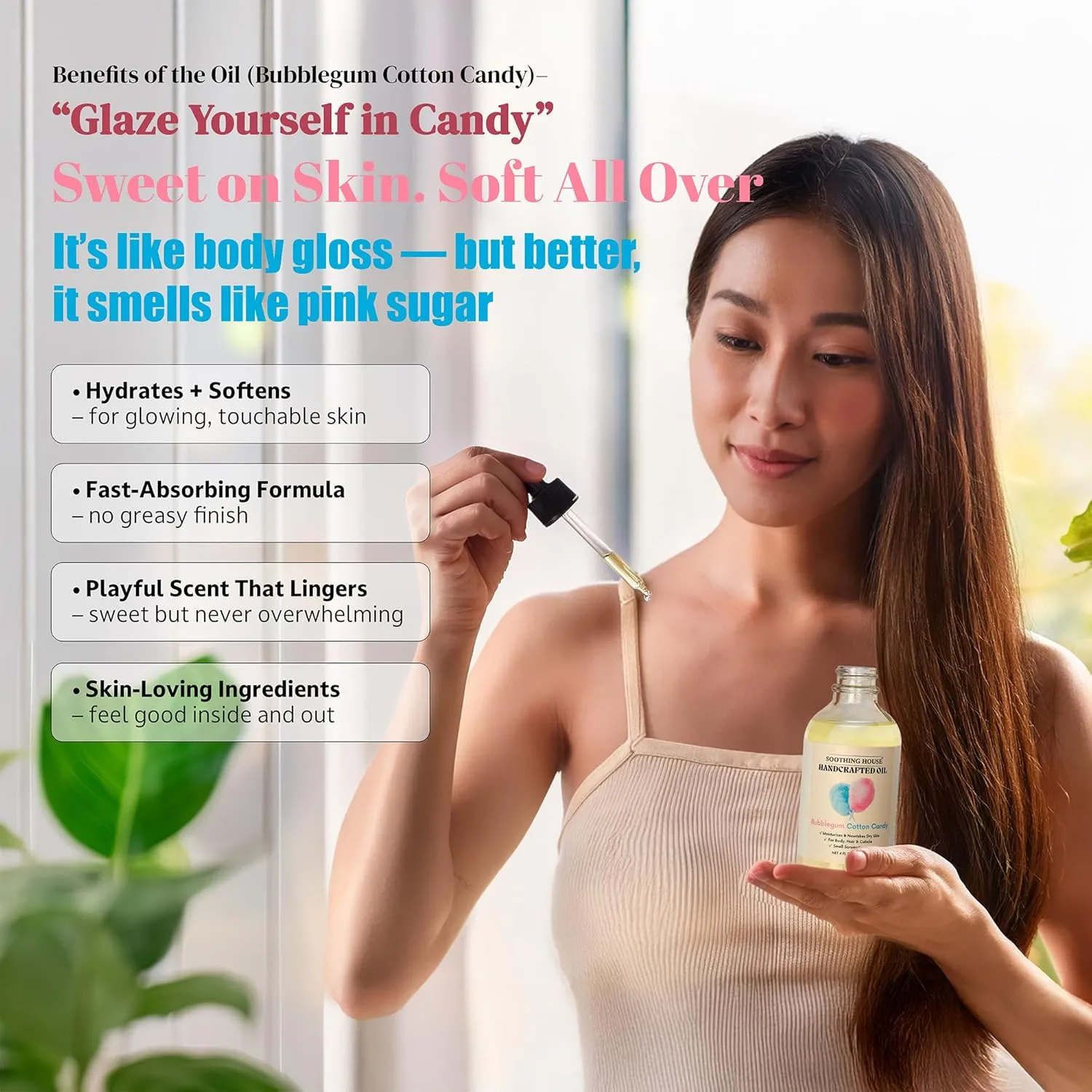 Bubblegum Cotton Candy: Moisturizing Body Oil for Soft, Glowing Skin with Almond & Jojoba Oil (4 fl oz)