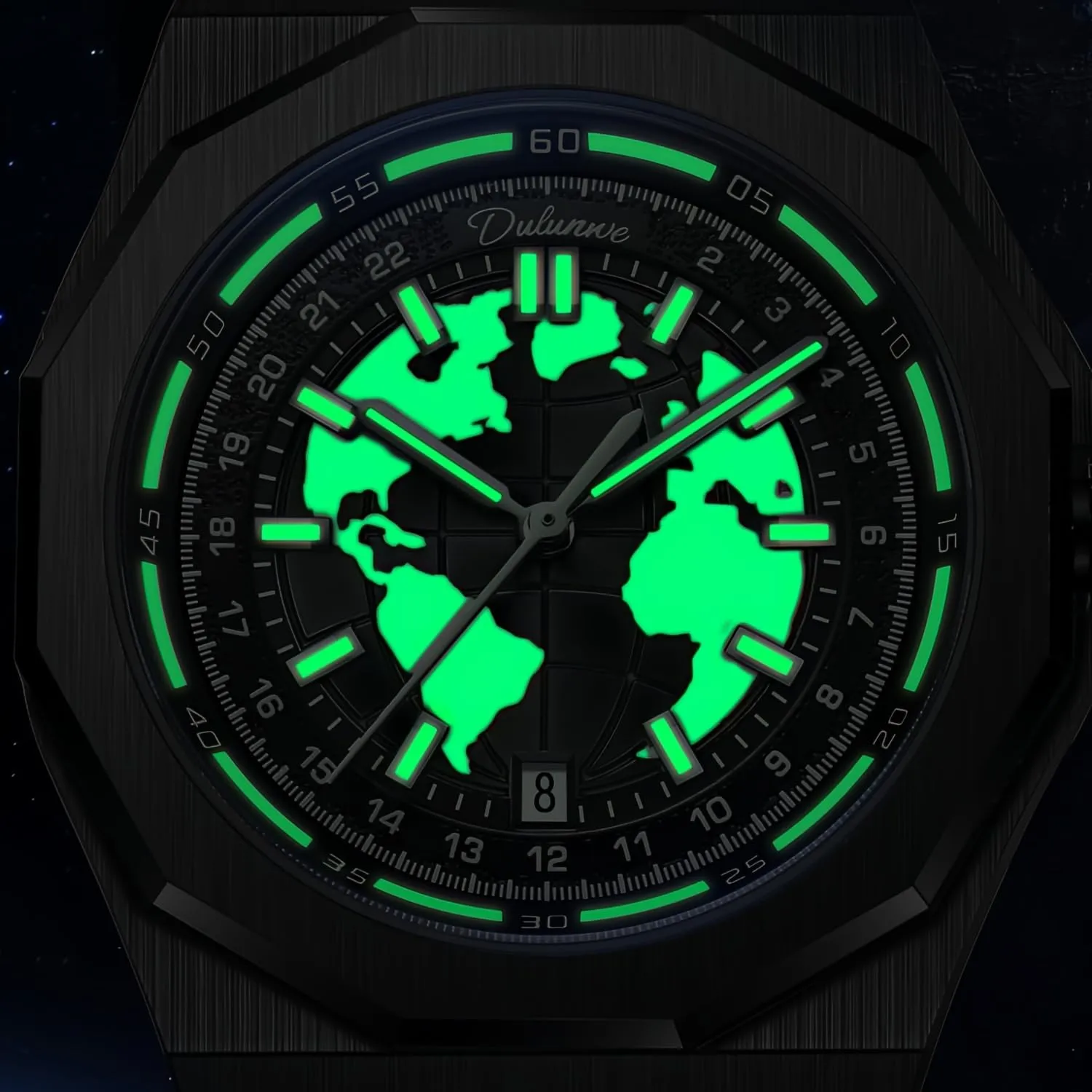 CARLIEN Mens Stylish Creative Planet Black Mechanical Automatic Analog Watch Self-Winding Luminous Stainless Steel Business Dress Wristwatch