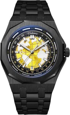 CARLIEN Mens Stylish Creative Planet Black Mechanical Automatic Analog Watch Self-Winding Luminous Stainless Steel Business Dress Wristwatch