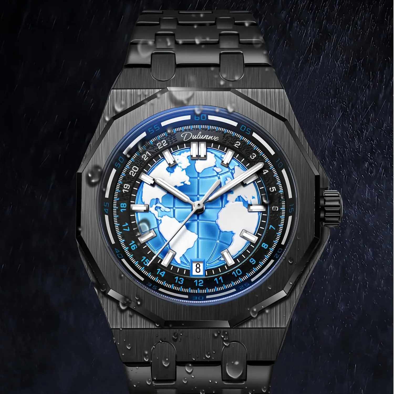 CARLIEN Mens Stylish Creative Planet Black Mechanical Automatic Analog Watch Self-Winding Luminous Stainless Steel Business Dress Wristwatch