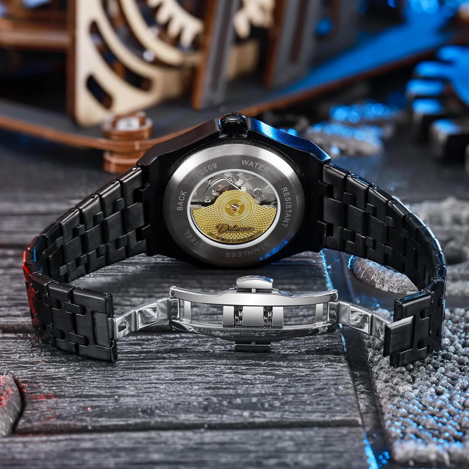 CARLIEN Mens Stylish Creative Planet Black Mechanical Automatic Analog Watch Self-Winding Luminous Stainless Steel Business Dress Wristwatch