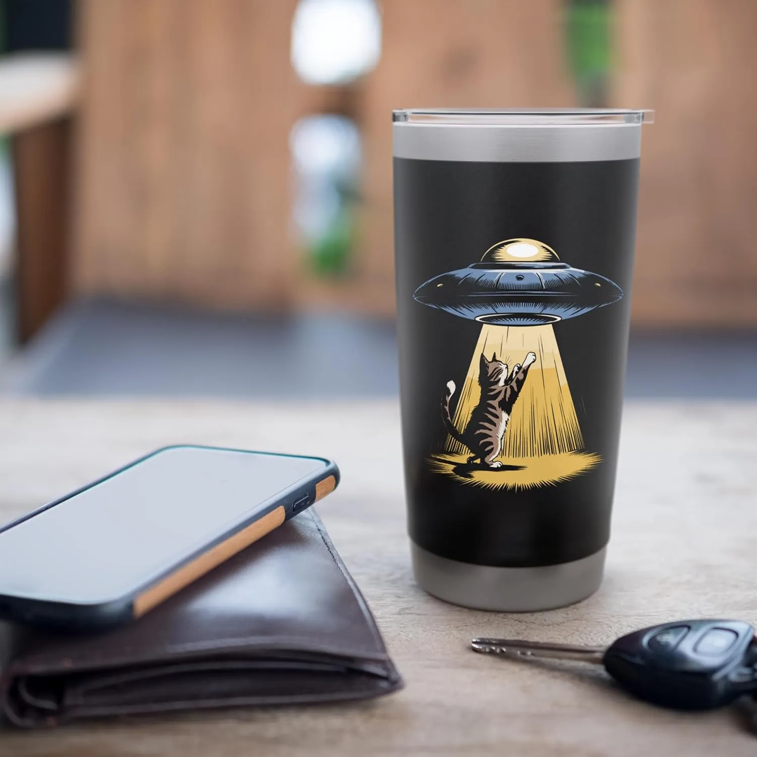 Cat Reaching for UFOs in Alien Forest Scene Stainless Steel Insulated Tumbler