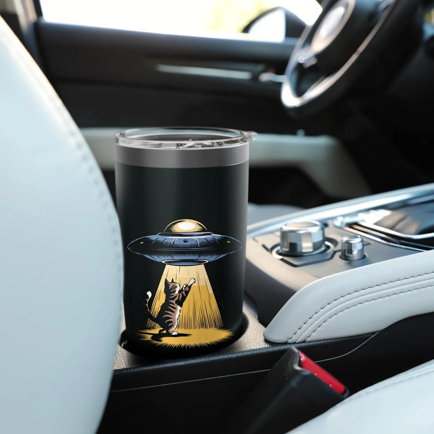 Cat Reaching for UFOs in Alien Forest Scene Stainless Steel Insulated Tumbler