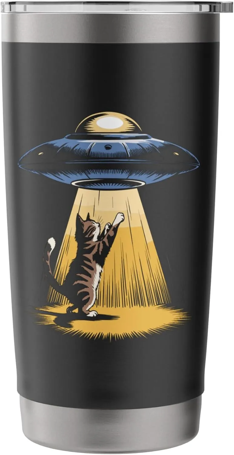 Cat Reaching for UFOs in Alien Forest Scene Stainless Steel Insulated Tumbler