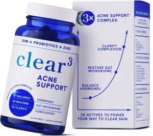 Clear Skin Acne Supplement with Zinc, DIM & Probiotics | 3-in-1 Balance, Clarify, Restore Support with Hyaluronic Acid & Skin Support Vitamins | for Women & Men | Oral Hormonal Acne Pills | 60 Ct