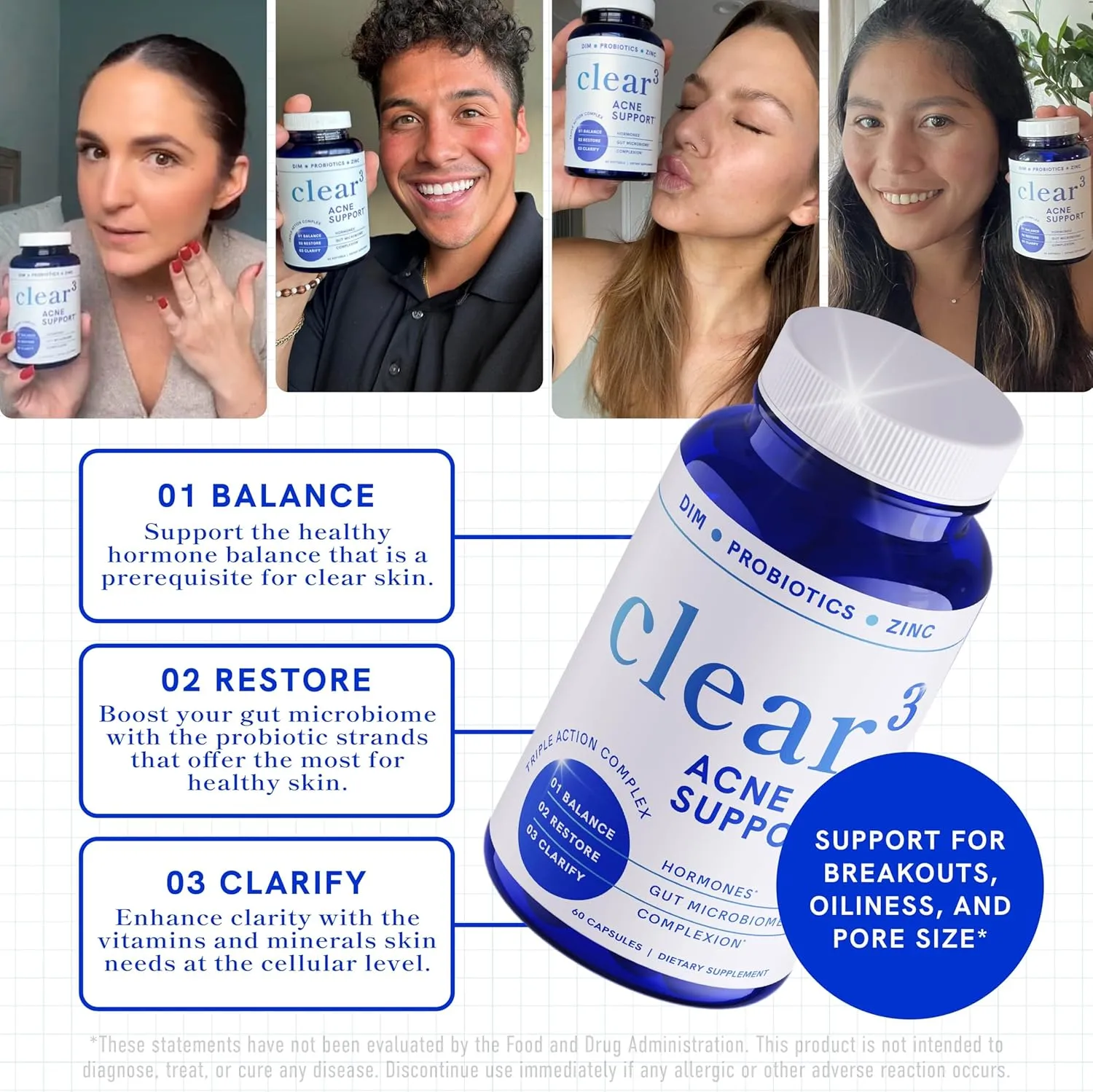 Clear Skin Acne Supplement with Zinc, DIM & Probiotics | 3-in-1 Balance, Clarify, Restore Support with Hyaluronic Acid & Skin Support Vitamins | for Women & Men | Oral Hormonal Acne Pills | 60 Ct