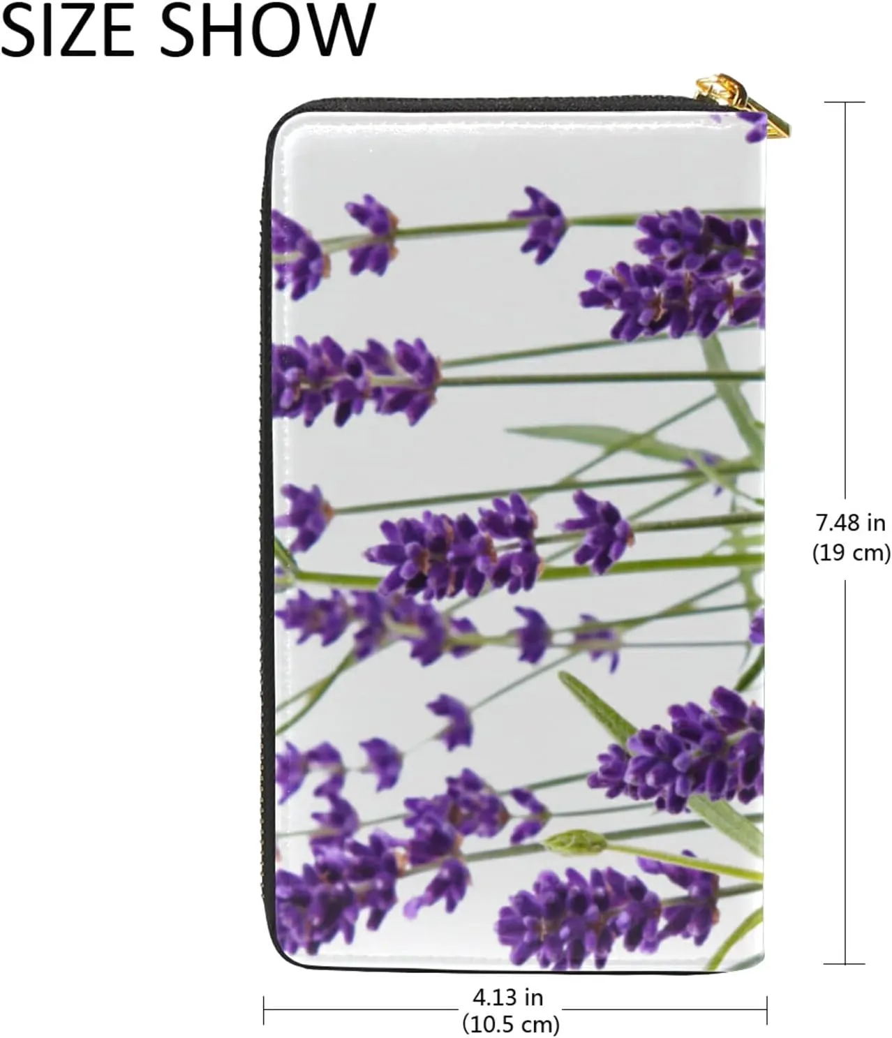 Close-up of Lavender Purple Flowers with Green Leaves on White Leather Long Wallet Organizer with Zipper Purse Clutch Bag for Women Men Key Card Coin Passport Checkbook