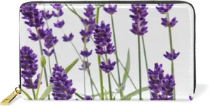 Close-up of Lavender Purple Flowers with Green Leaves on White Leather Long Wallet Organizer with Zipper Purse Clutch Bag for Women Men Key Card Coin Passport Checkbook
