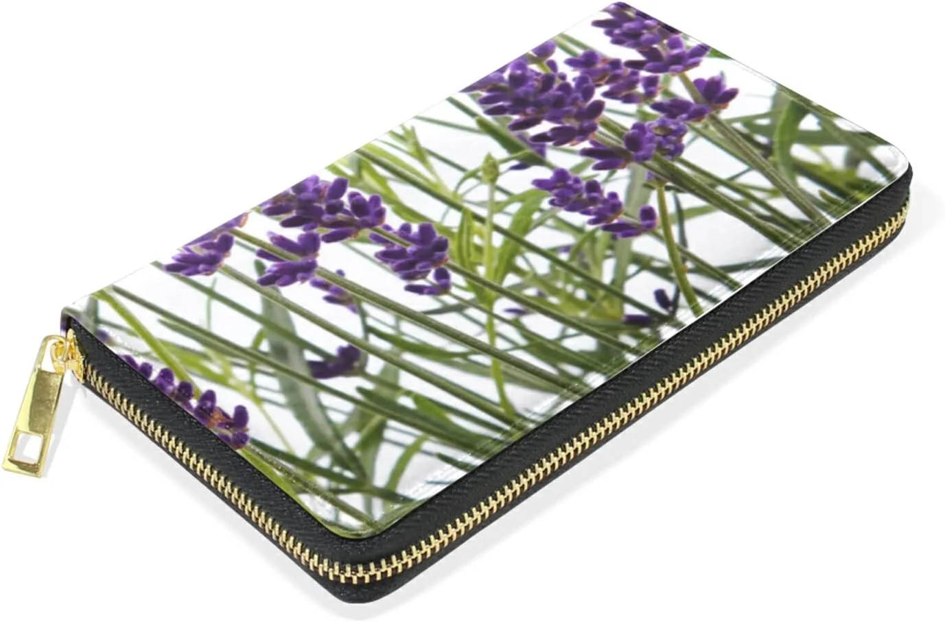 Close-up of Lavender Purple Flowers with Green Leaves on White Leather Long Wallet Organizer with Zipper Purse Clutch Bag for Women Men Key Card Coin Passport Checkbook