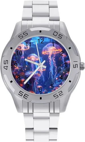 Colorful Glowing Jellyfish Simple Stainless Steel Band Business Watch Dress Wrist Unique Luxury Work Casual Waterproof Watches