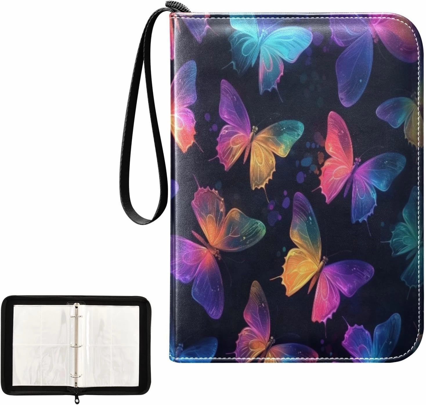 Colorful Butterflies Glowing Card Binder 4 Pocket, Trading Card Holder Fits 400 Game Cards with 50 Removable Sleeves, MTG Card Case Standard Size