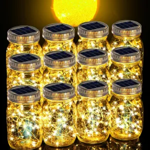 Cooo 12 Pack Upgraded Crystal Glass Solar Mason Jar Lights 30 LED Outdoor Lanterns 215% Larger Solar Panel, Anti-Rust Waterproof Lid（Just a Little More,Get Double The Delight-12 Sets Warm White）