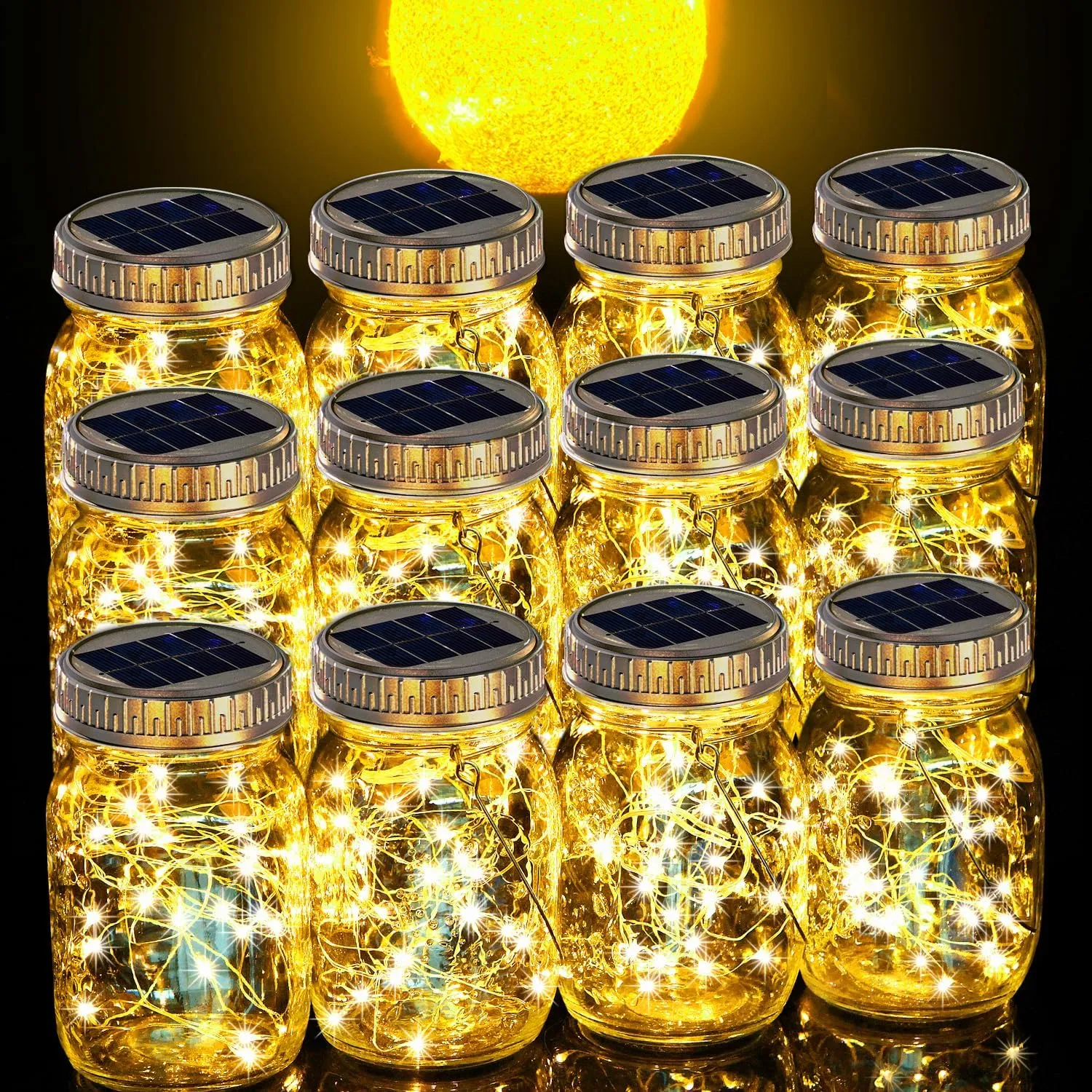 Cooo 12 Pack Upgraded Crystal Glass Solar Mason Jar Lights 30 LED Outdoor Lanterns 215% Larger Solar Panel, Anti-Rust Waterproof Lid（Just a Little More,Get Double The Delight-12 Sets Warm White）